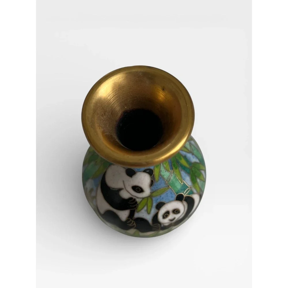 Vintage Chinese Cloisonne Enamel Panda Bamboo Miniature Bud‎ Decor Vase Brass 4